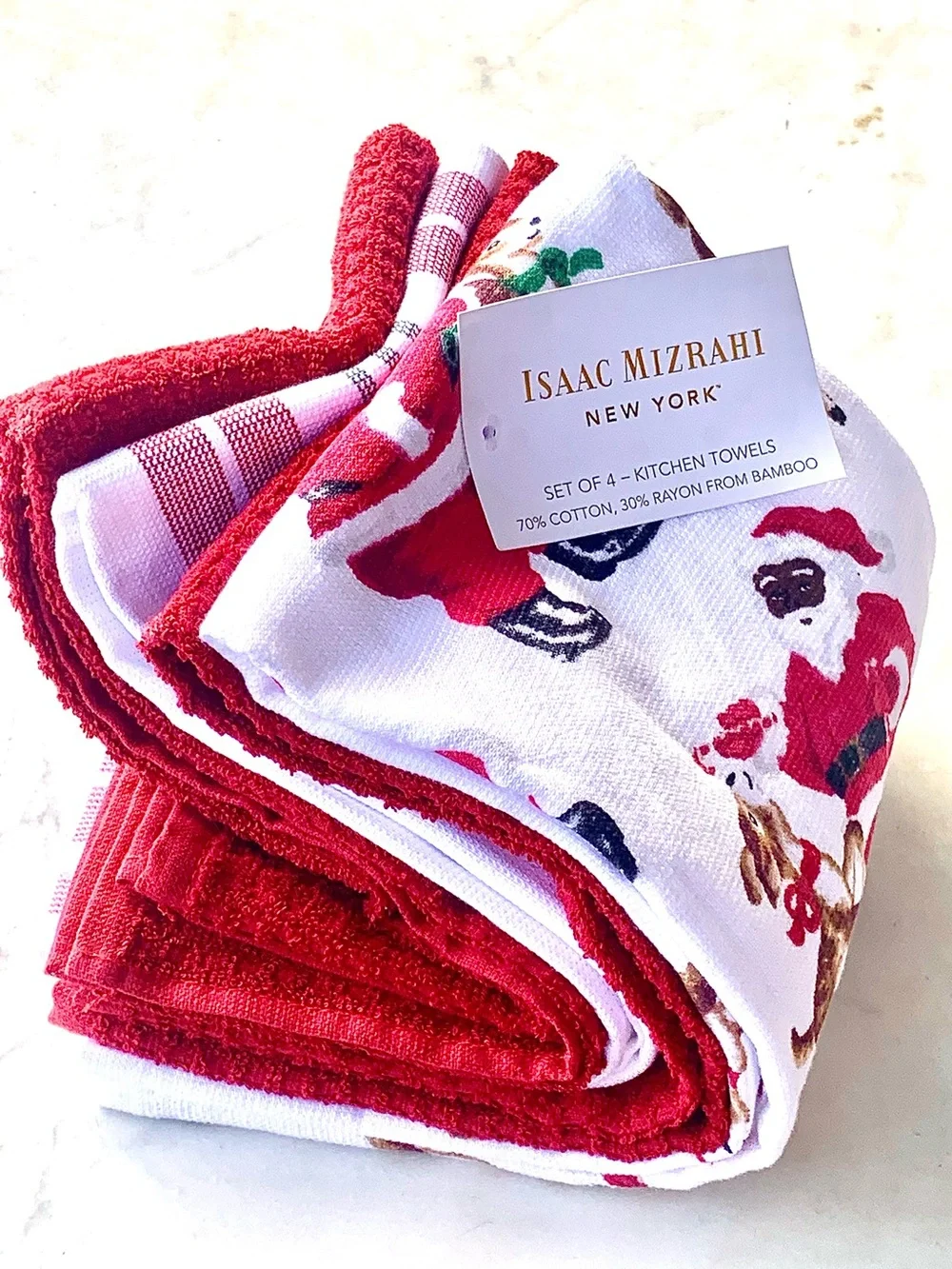 ISAAC MIZRAHI NEW YORK SANTA Red & White Holiday Kitchen Towel Set OF 4   NEW